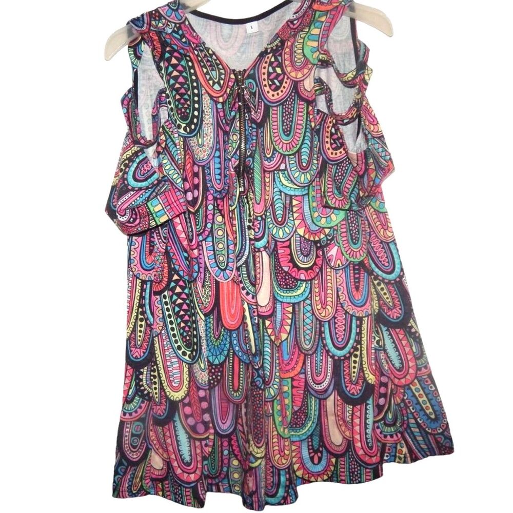 Women’s Large Multicolor Paisley Cold Shoulder Blouse w/ Zipper Neckline